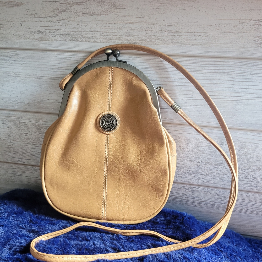 Tan Almond Shape Crossbody Bag Purse Kiss Lock